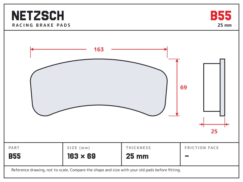 NETZSCH Brembo B55 brake pad drawing, 25 mm thick