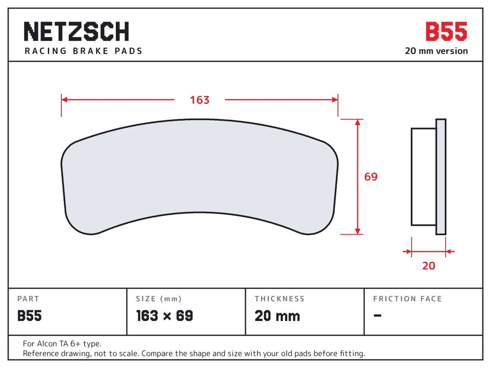 NETZSCH Brembo B55 brake pad drawing, 20 mm thick