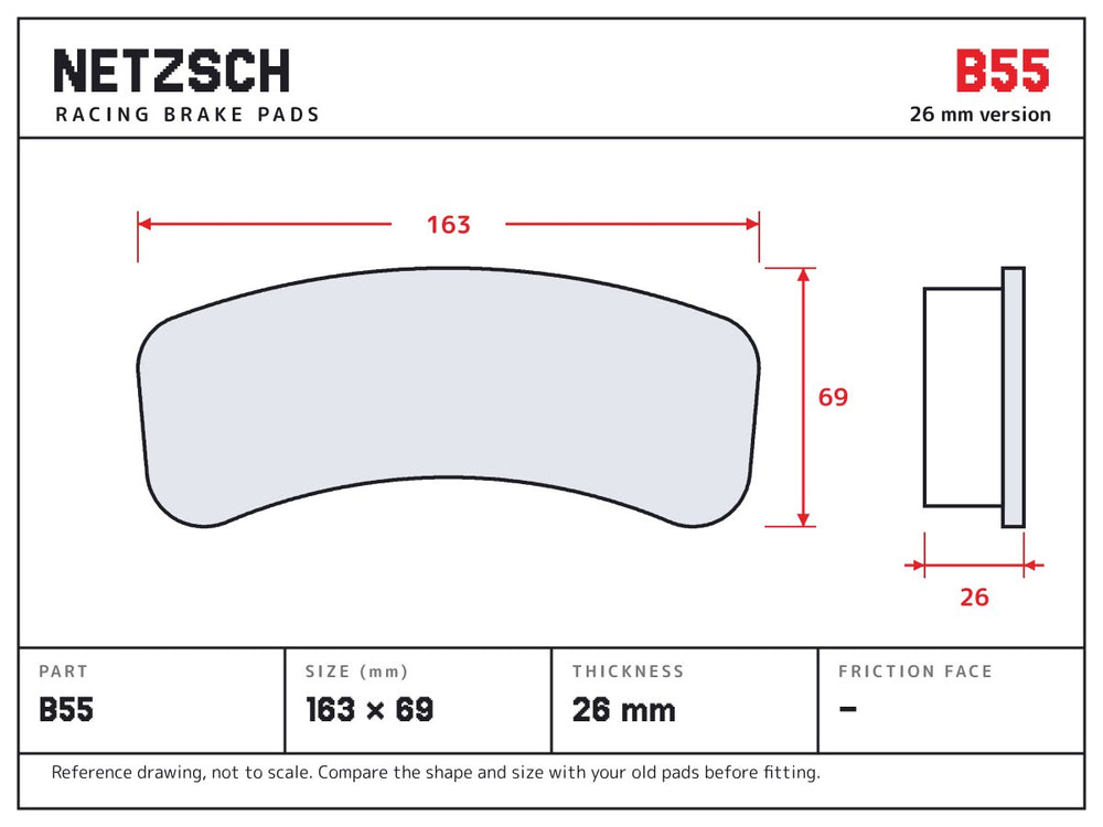 NETZSCH Brembo B55 brake pad drawing, 26 mm thick