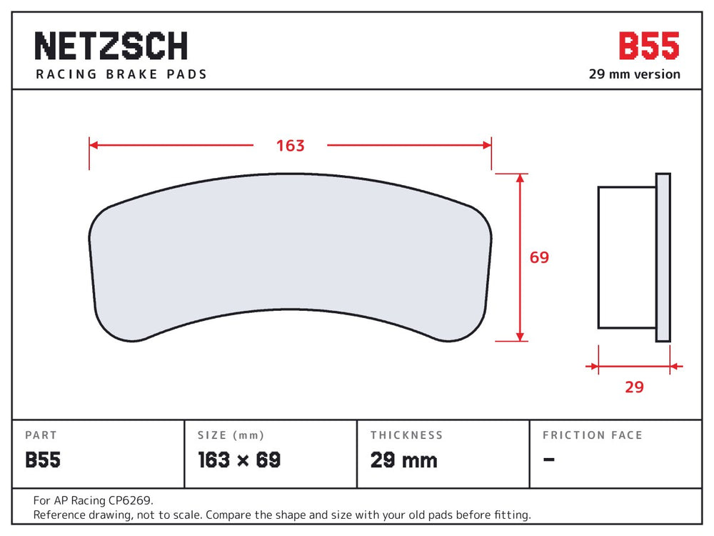 NETZSCH Brembo B55 brake pad drawing, 29 mm thick