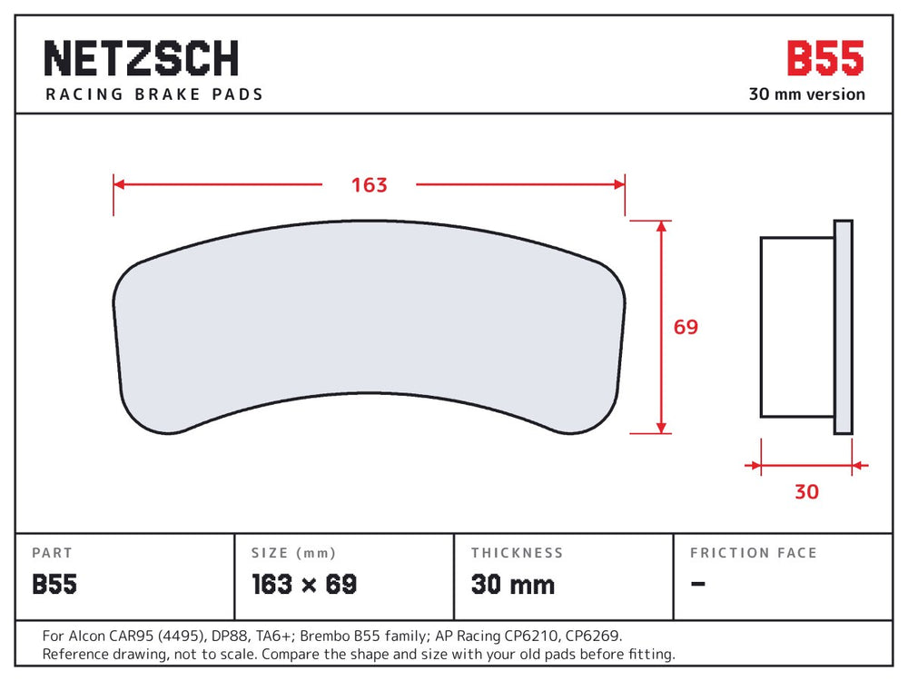 NETZSCH Brembo B55 brake pad drawing, 30 mm thick