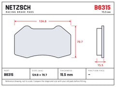 NETZSCH Brembo B6315 brake pad drawing, 15.5 mm thick