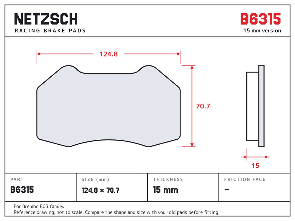 NETZSCH Brembo B6315 brake pad drawing, 15 mm thick