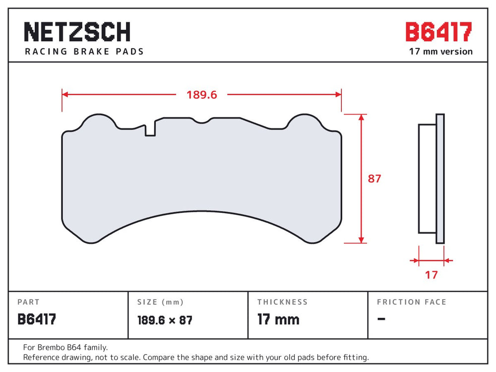 NETZSCH Brembo B6417 brake pad drawing, 17 mm thick