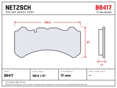 NETZSCH Brembo B6417 brake pad drawing, 17 mm thick
