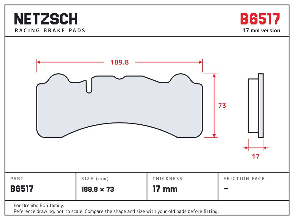 NETZSCH Brembo B6517 brake pad drawing, 17 mm thick