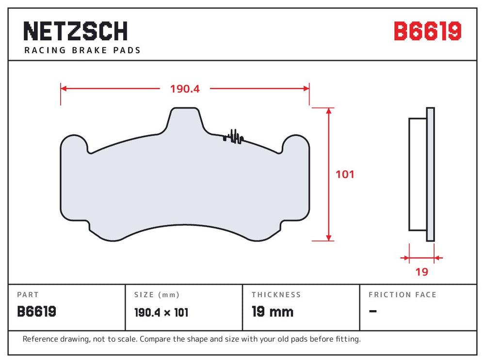 NETZSCH Brembo B6619 brake pad drawing, 19 mm thick