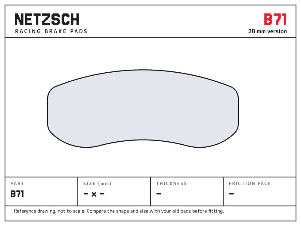 NETZSCH Brembo B71 brake pad drawing, 28 mm thick