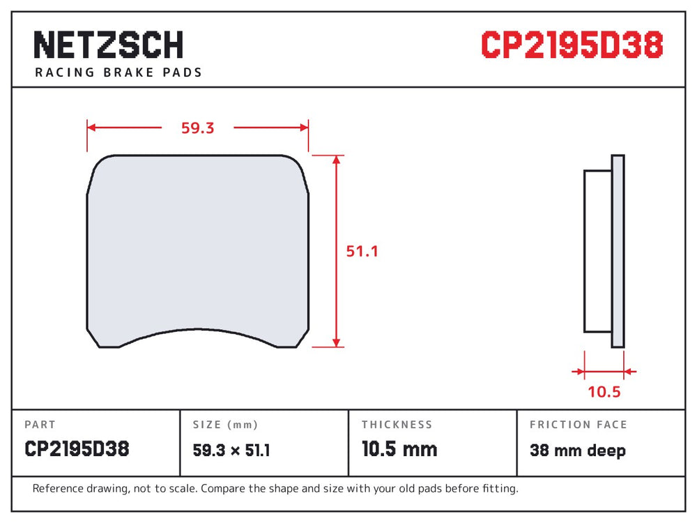 NETZSCH AP Racing CP2195D38 brake pad drawing, 10.5 mm thick