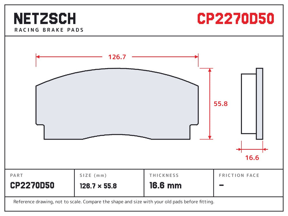 NETZSCH AP Racing CP2270D50 brake pad drawing, 16.6 mm thick