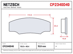 NETZSCH AP Racing CP2340D40 brake pad drawing, 15.9 mm thick
