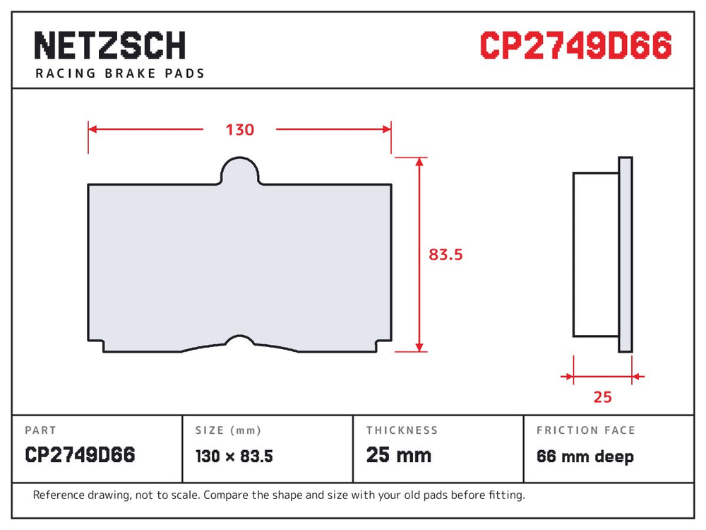 NETZSCH AP Racing CP2749D66 brake pad drawing, 25 mm thick