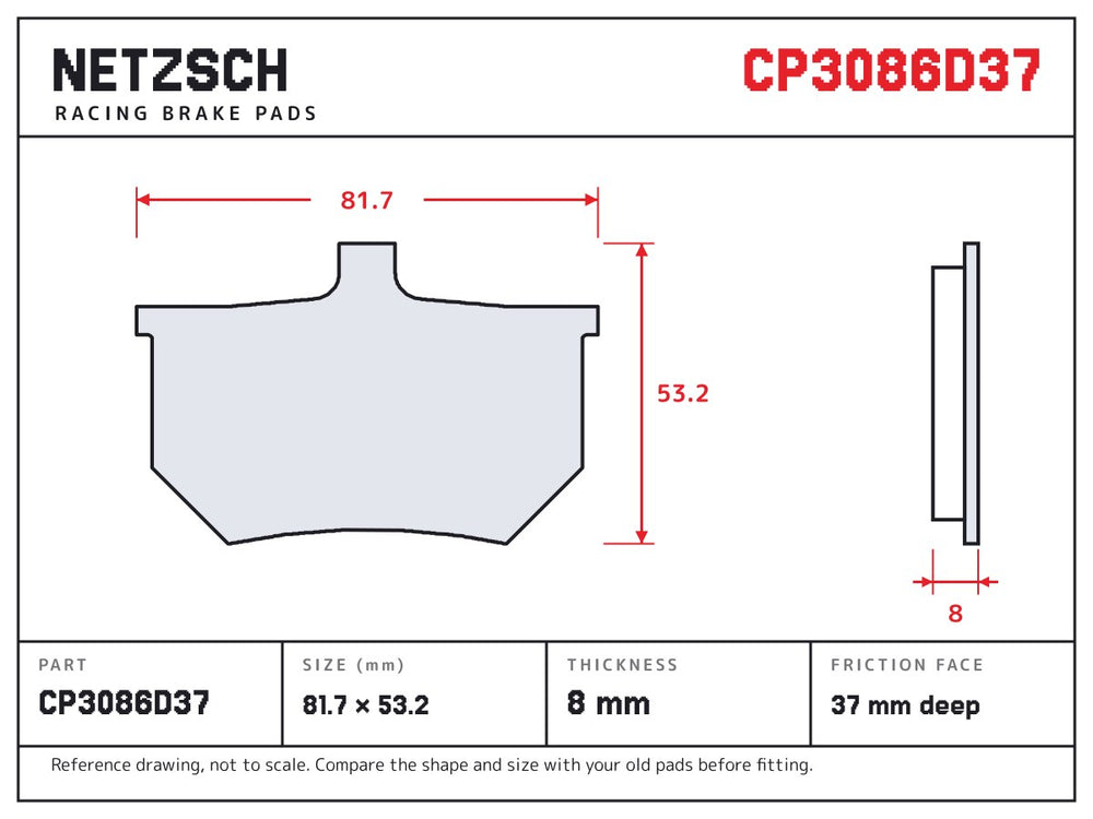 NETZSCH AP Racing CP3086D37 brake pad drawing, 8 mm thick