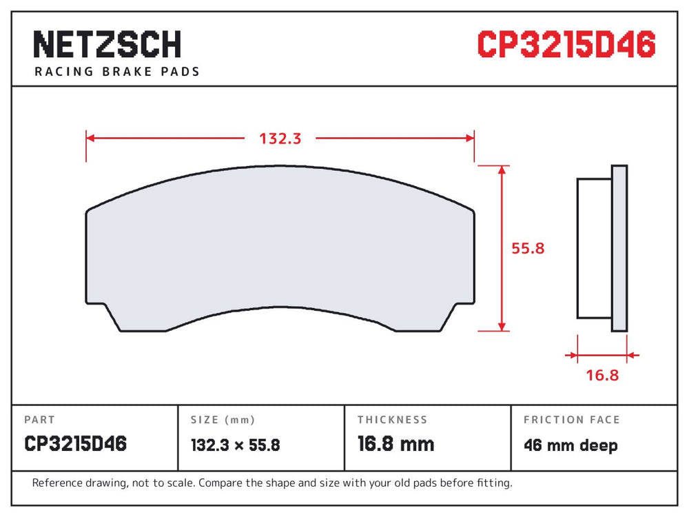 NETZSCH AP Racing CP3215D46 brake pad drawing, 16.75 mm thick