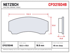NETZSCH AP Racing CP3215D46 brake pad drawing, 16.75 mm thick