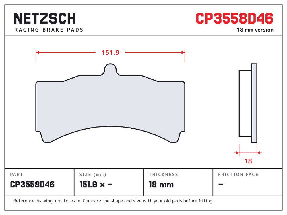 NETZSCH AP Racing CP3558D46 brake pad drawing, 18 mm thick