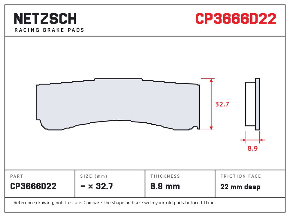NETZSCH AP Racing CP3666D22 brake pad drawing, 8.9 mm thick