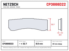 NETZSCH AP Racing CP3666D22 brake pad drawing, 8.9 mm thick