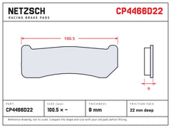 NETZSCH AP Racing CP4466D22 brake pad drawing, 9 mm thick