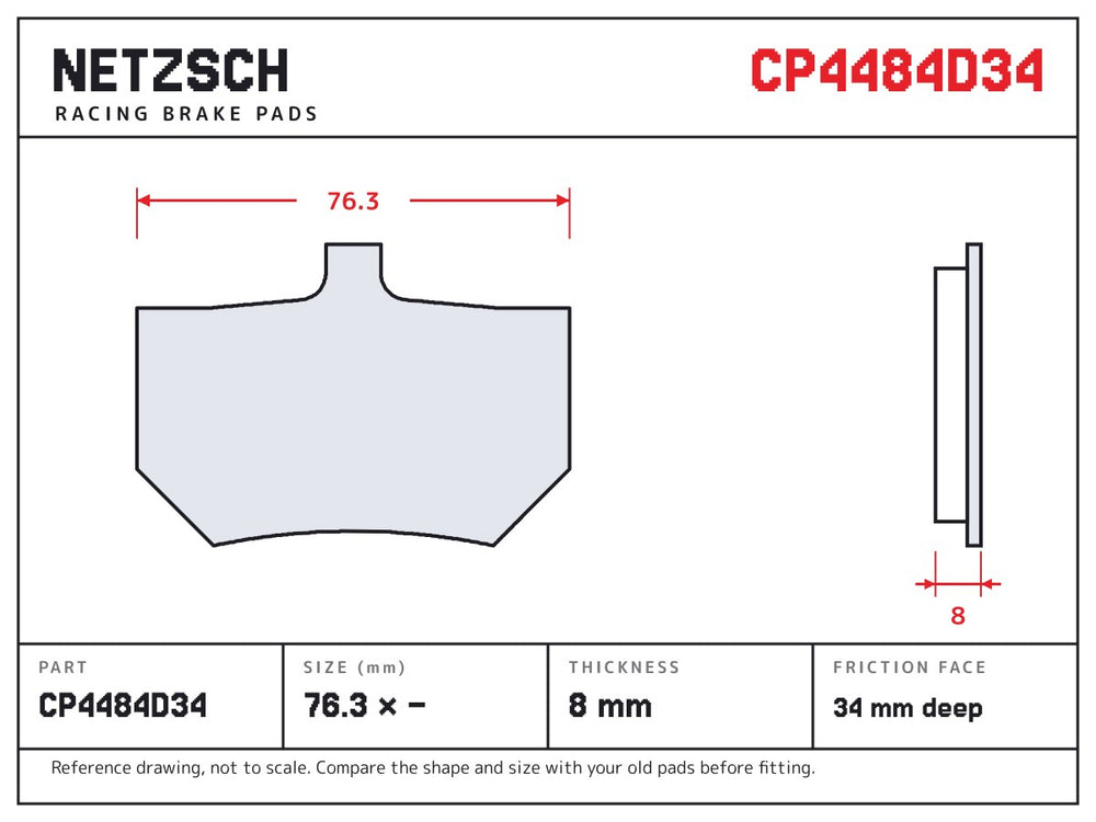 NETZSCH AP Racing CP4484D34 brake pad drawing, 8 mm thick