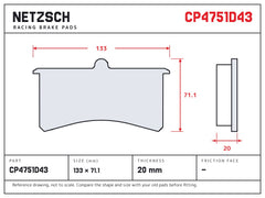 NETZSCH AP Racing CP4751D43 brake pad drawing, 20 mm thick