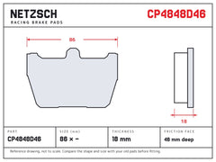 NETZSCH AP Racing CP4848D46 brake pad drawing, 18 mm thick