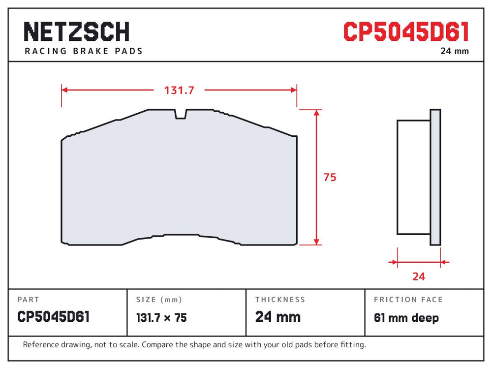 NETZSCH AP Racing CP5045D61 brake pad drawing, 24 mm thick