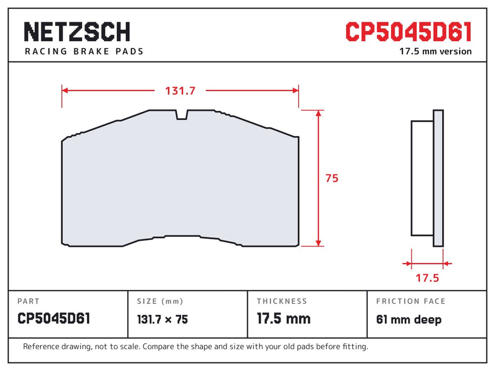 NETZSCH AP Racing CP5045D61 brake pad drawing, 17.5 mm thick