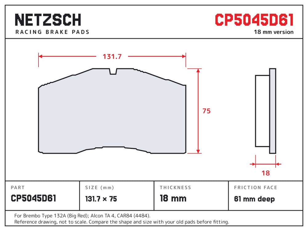 NETZSCH AP Racing CP5045D61 brake pad drawing, 18 mm thick