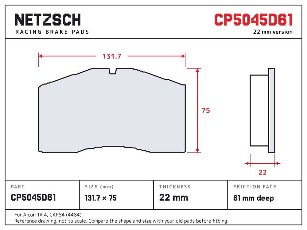 NETZSCH AP Racing CP5045D61 brake pad drawing, 22 mm thick