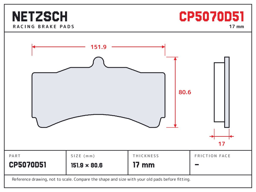 NETZSCH AP Racing CP5070D51 brake pad drawing, 17 mm thick