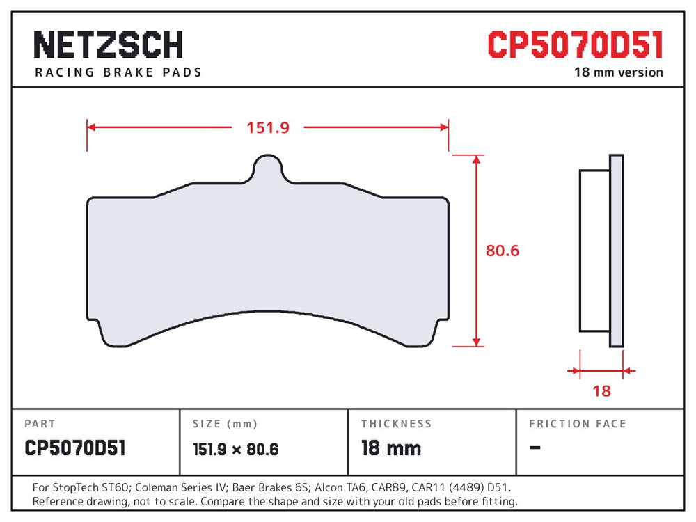 NETZSCH AP Racing CP5070D51 brake pad drawing, 18 mm thick