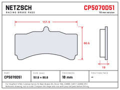 NETZSCH AP Racing CP5070D51 brake pad drawing, 18 mm thick