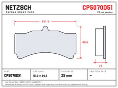 NETZSCH AP Racing CP5070D51 brake pad drawing, 25 mm thick