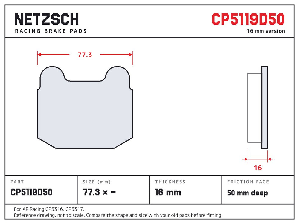 NETZSCH AP Racing CP5119D50 brake pad drawing, 16 mm thick