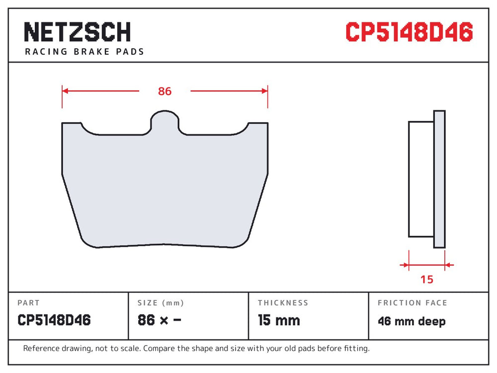 NETZSCH AP Racing CP5148D46 brake pad drawing, 15 mm thick