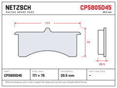 NETZSCH AP Racing CP5805D45 brake pad drawing, 20.5 mm thick