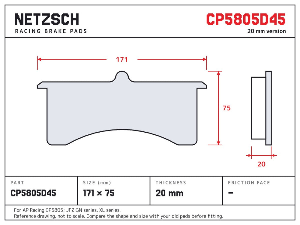 NETZSCH AP Racing CP5805D45 brake pad drawing, 20 mm thick