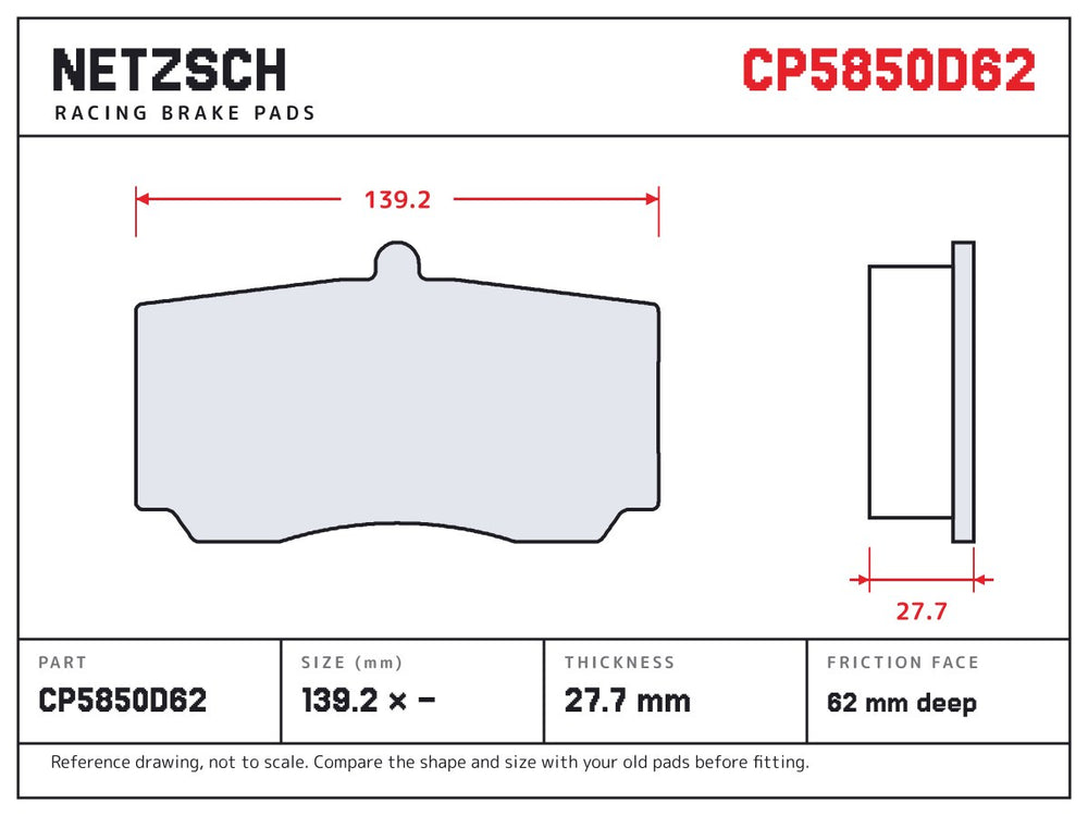 NETZSCH AP Racing CP5850D62 brake pad drawing, 27.7 mm thick