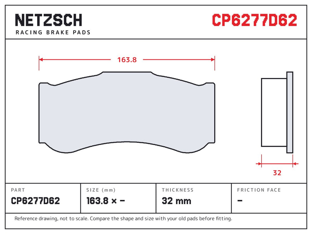 NETZSCH AP Racing CP6277D62 brake pad drawing, 32 mm thick