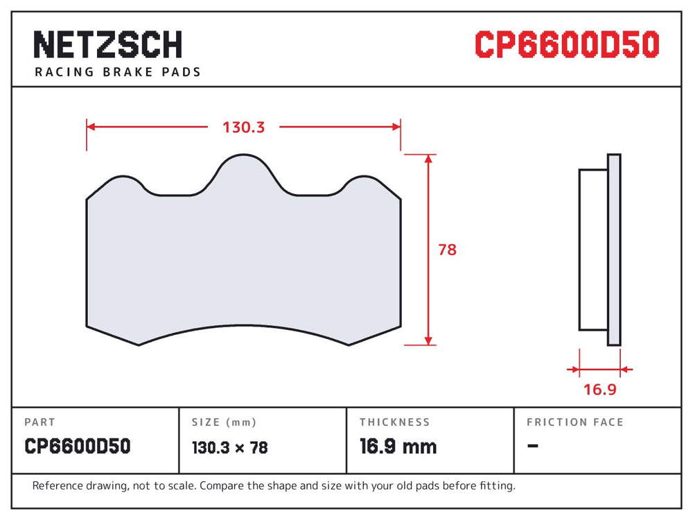NETZSCH AP Racing CP6600D50 brake pad drawing, 16.9 mm thick