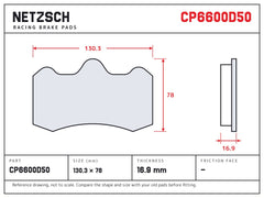 NETZSCH AP Racing CP6600D50 brake pad drawing, 16.9 mm thick