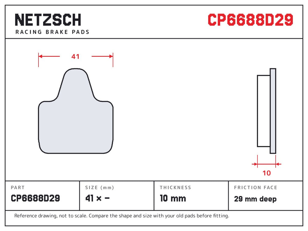 NETZSCH AP Racing CP6688D29 brake pad drawing, 10 mm thick