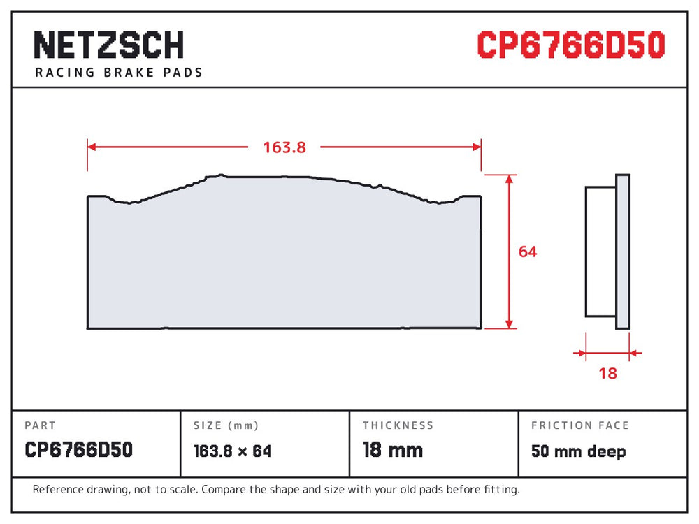 NETZSCH AP Racing CP6766D50 brake pad drawing, 18 mm thick