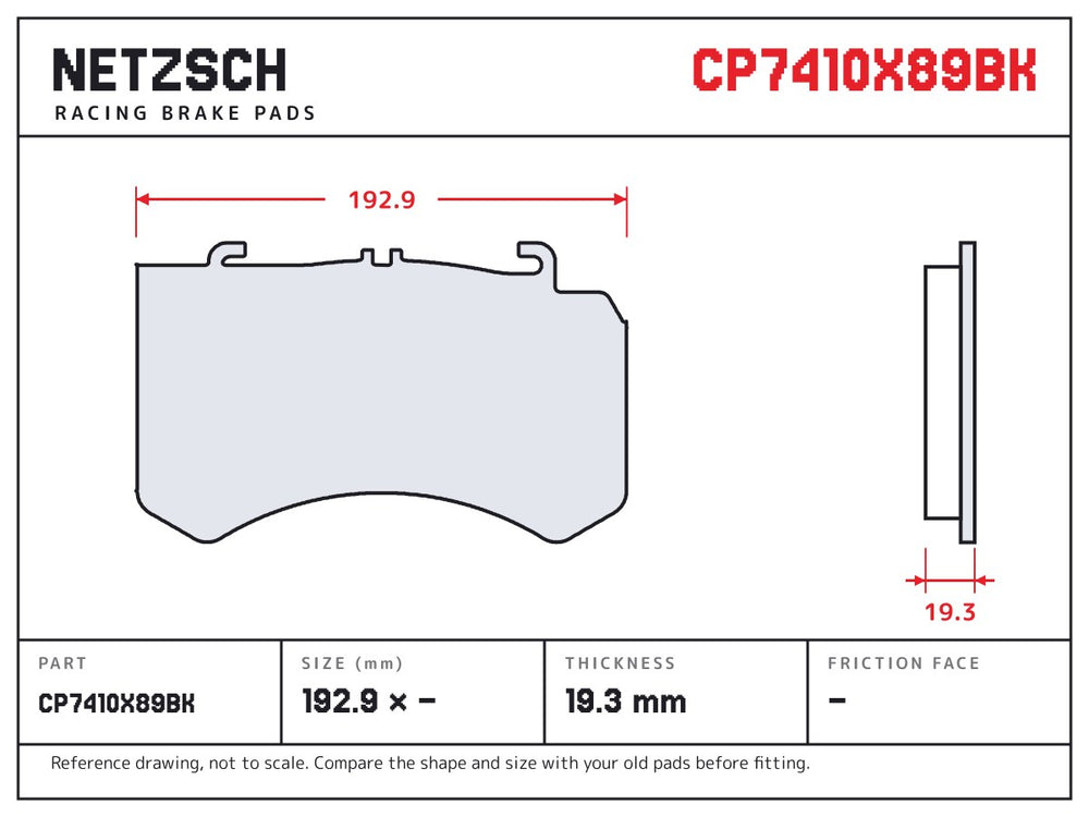 NETZSCH AP Racing CP7410X89BK brake pad drawing, 19.3 mm thick