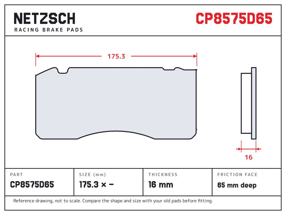 NETZSCH AP Racing CP8575D65 brake pad drawing, 16 mm thick