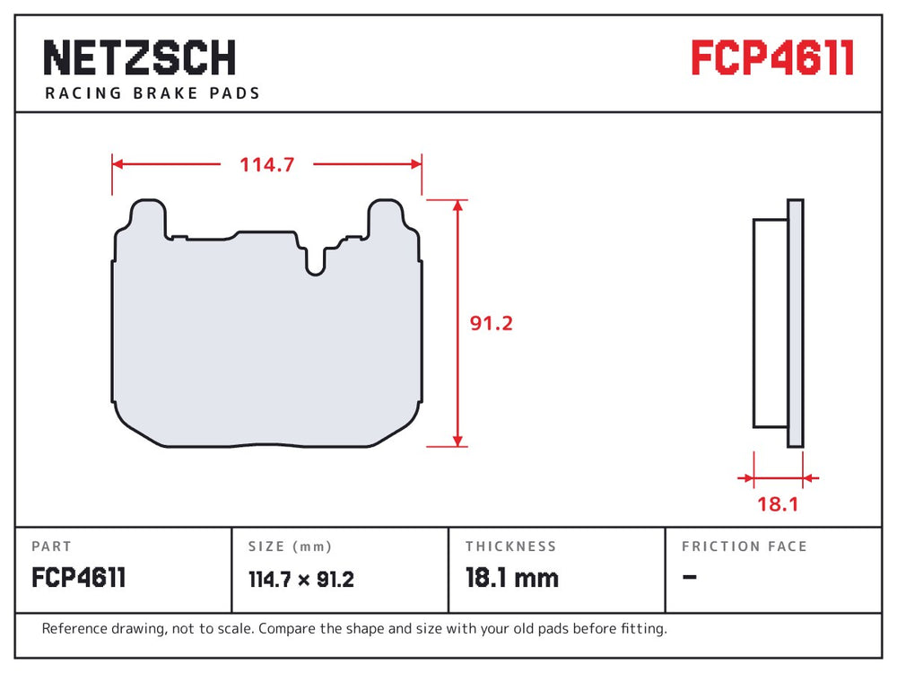 NETZSCH Ferodo FCP4611 brake pad drawing, 18.1 mm thick