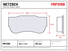 NETZSCH Ferodo FRP3169 brake pad drawing, 28 mm thick