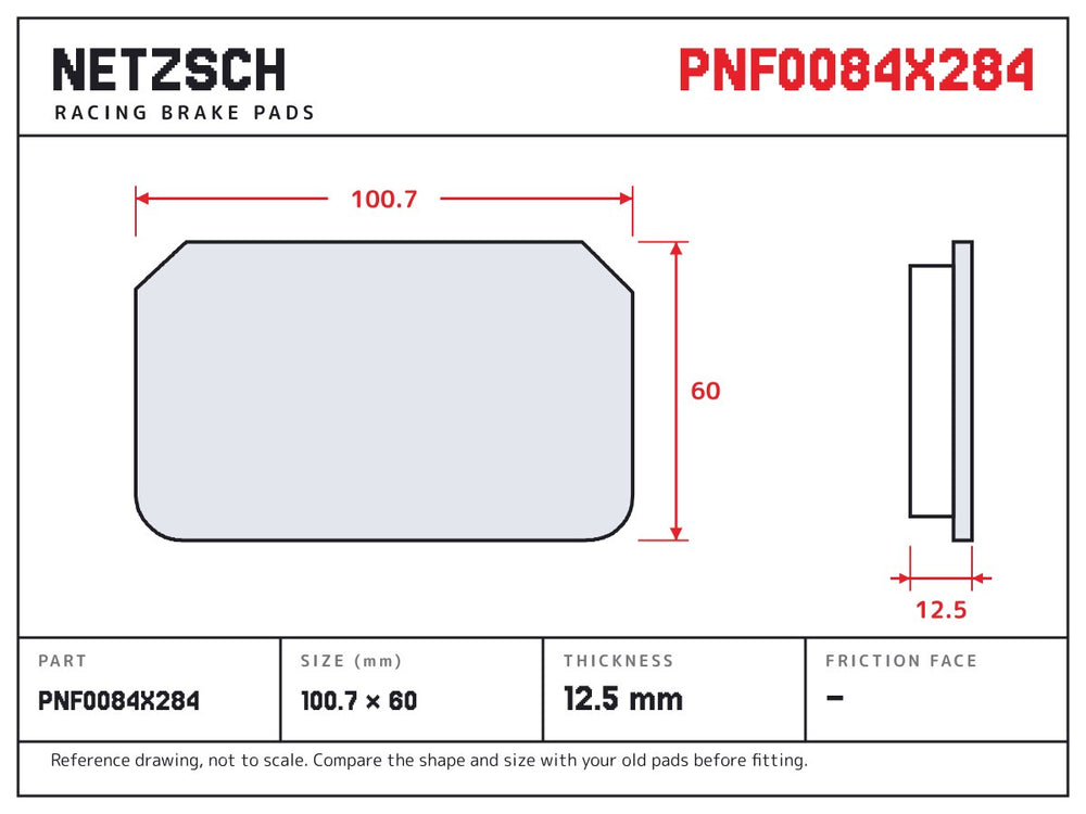 NETZSCH Alcon PNF0084X284 brake pad drawing, 12.5 mm thick