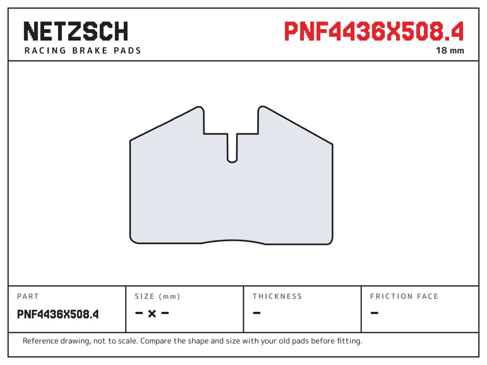NETZSCH Alcon PNF4436X508.4 brake pad drawing, 18 mm thick